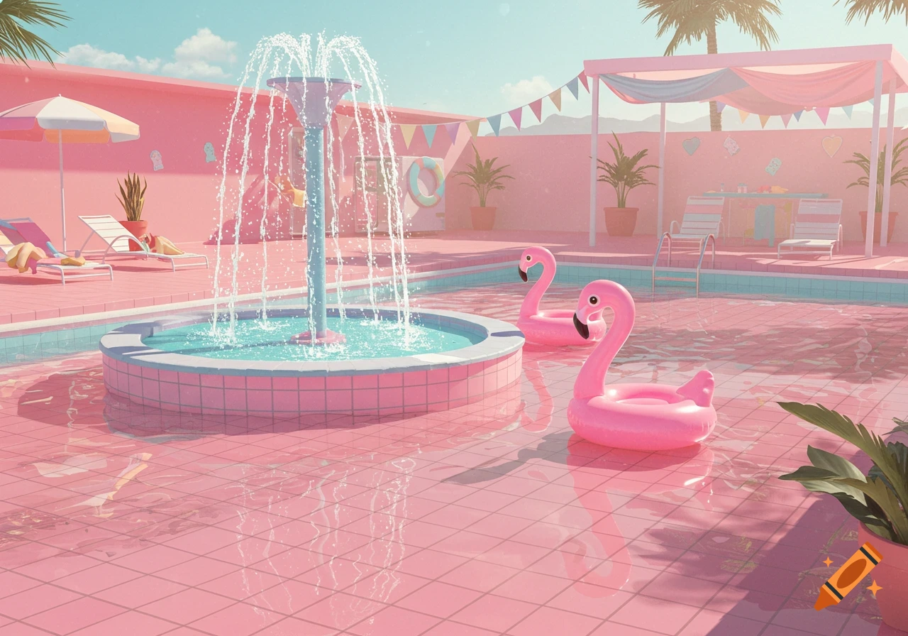 A retro pink swimming pool with a fountain, two flamingo floats, lounge chairs, and palm trees, set against a bright blue sky.