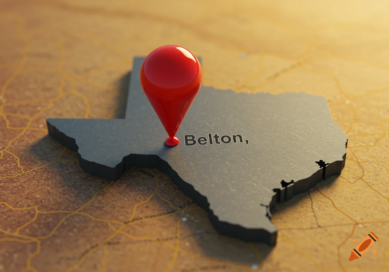 3D render of a grey Texas outline on a textured map with a red map pin on Belton.
