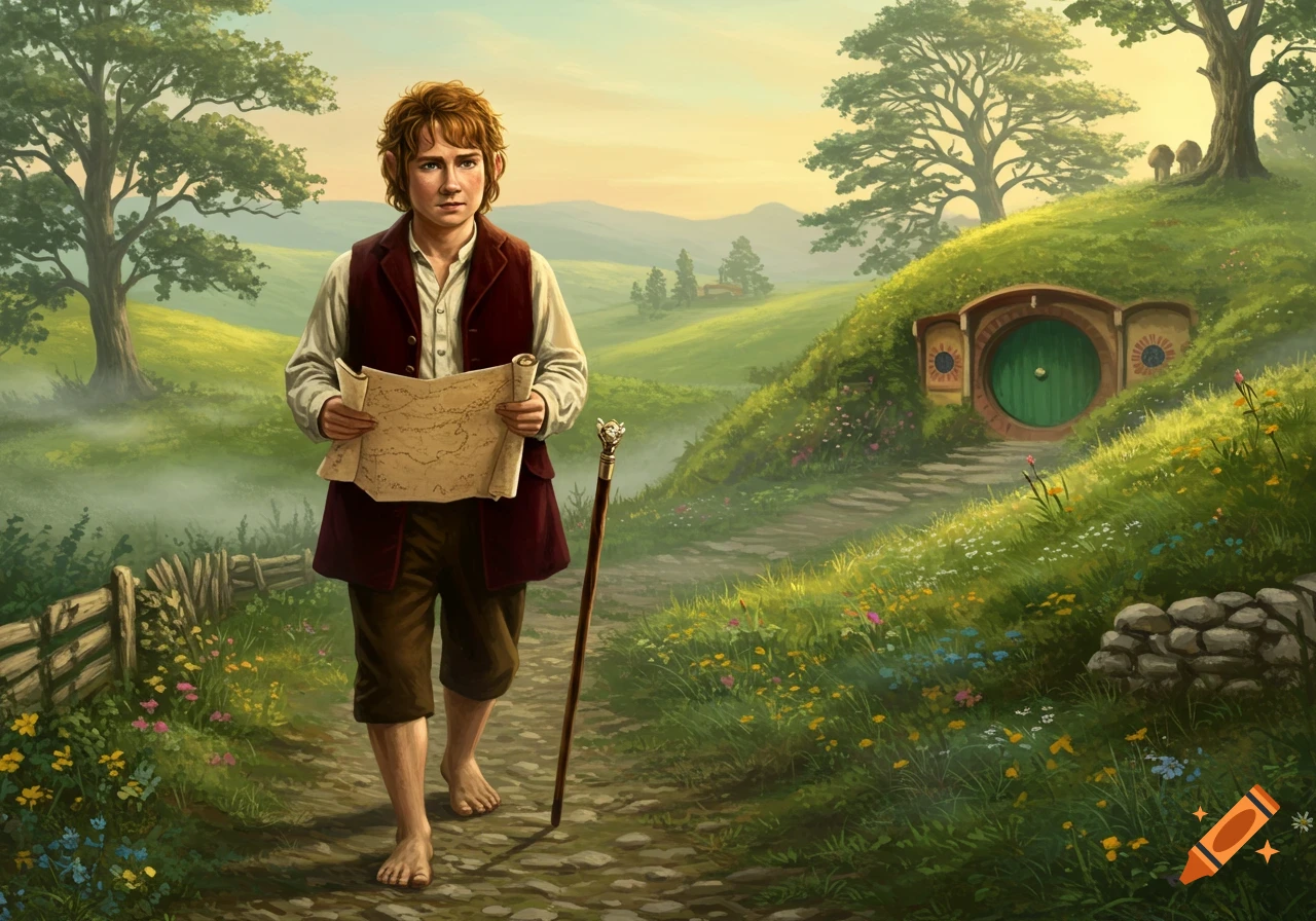 A young hobbit-like character, barefoot and holding a map and staff, walks on a path in a lush, green fantasy landscape with a hobbit hole.