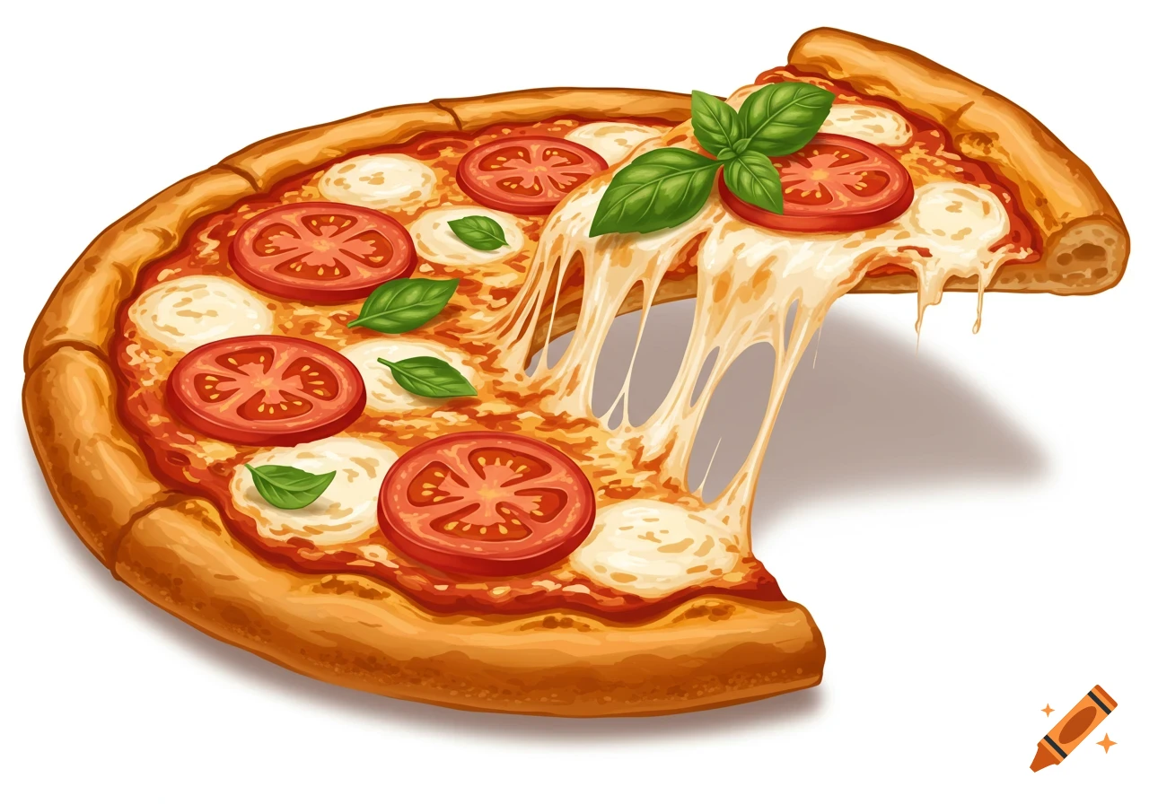 Illustrative image of a pizza with a slice being pulled, showing melted cheese, fresh tomatoes, and basil.