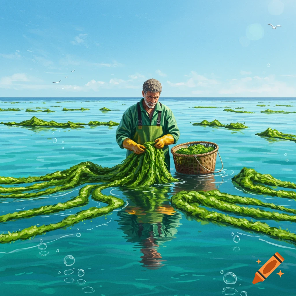 A man in overalls and gloves harvests green algae from a vast turquoise sea under a clear blue sky, filling a wicker basket.