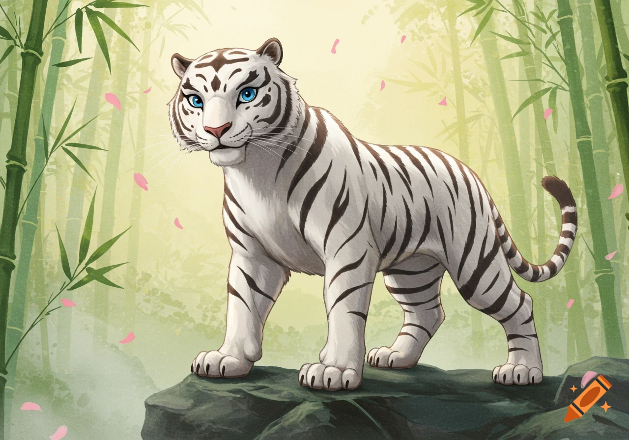 A stylized white tiger with striking blue eyes stands on a rock in a vibrant bamboo forest with falling pink petals.