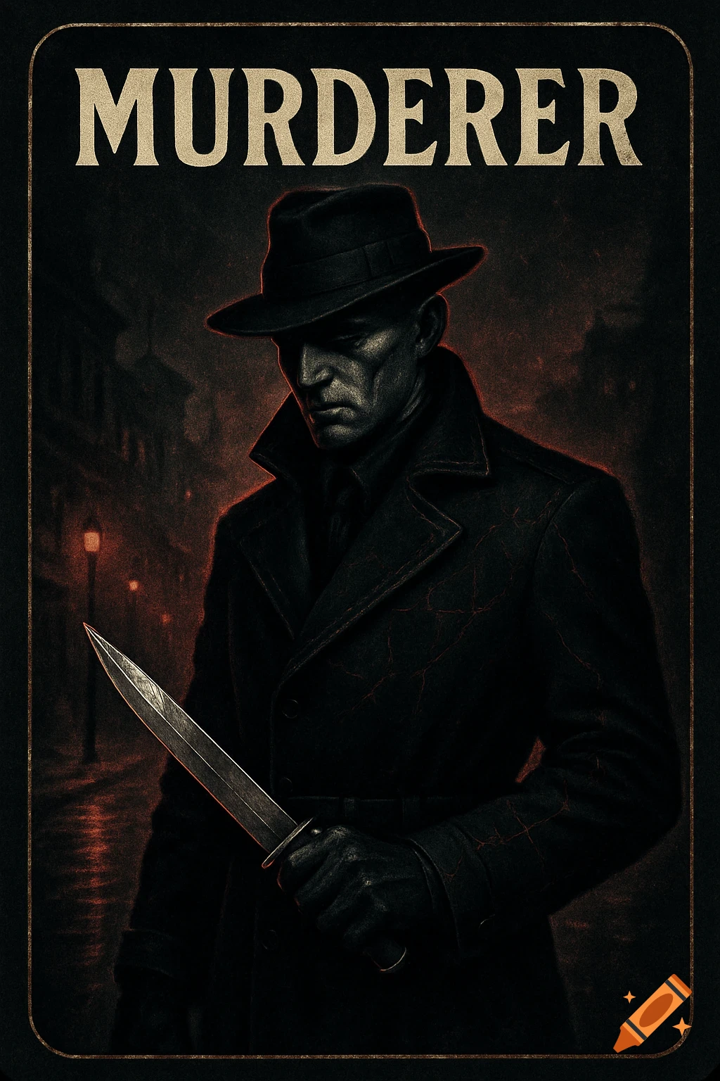 Dark noir-style card game illustration featuring a man in a fedora and trench coat holding a knife, with 'MURDERER' text above.