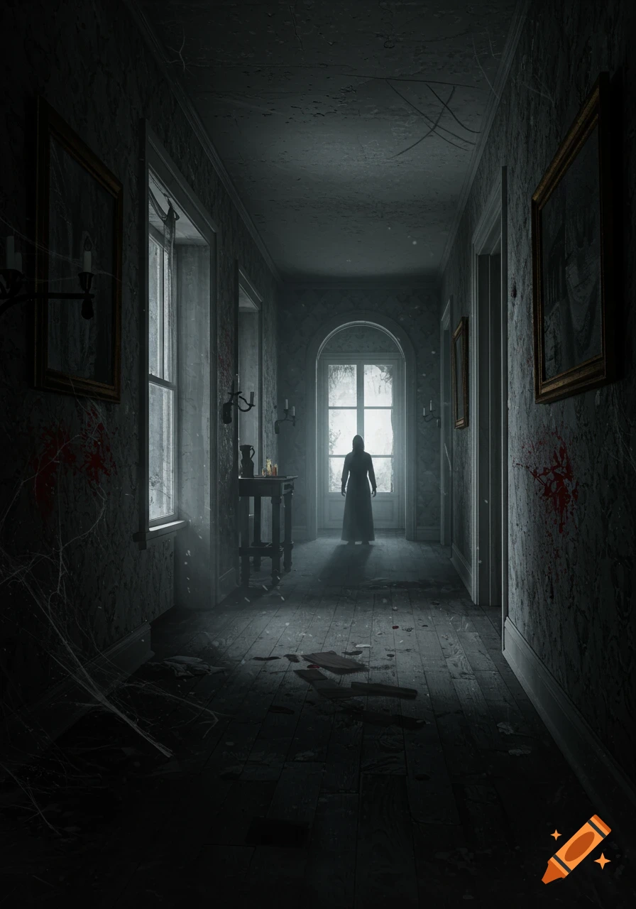 A dark, haunting hallway in an abandoned mansion, with a silhouetted figure at the end of the hall, spiderwebs, and blood splatters.
