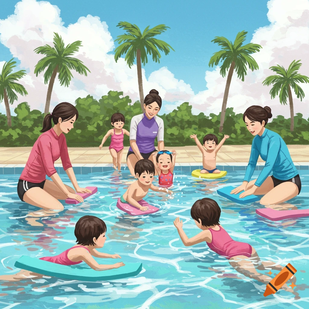 Illustrated scene of children learning to swim with adult instructors in an outdoor pool with palm trees.