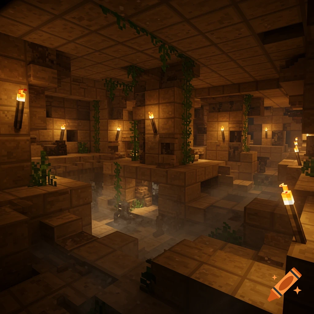A dimly lit, blocky Minecraft-style underground labyrinth with torches, vines, and water.