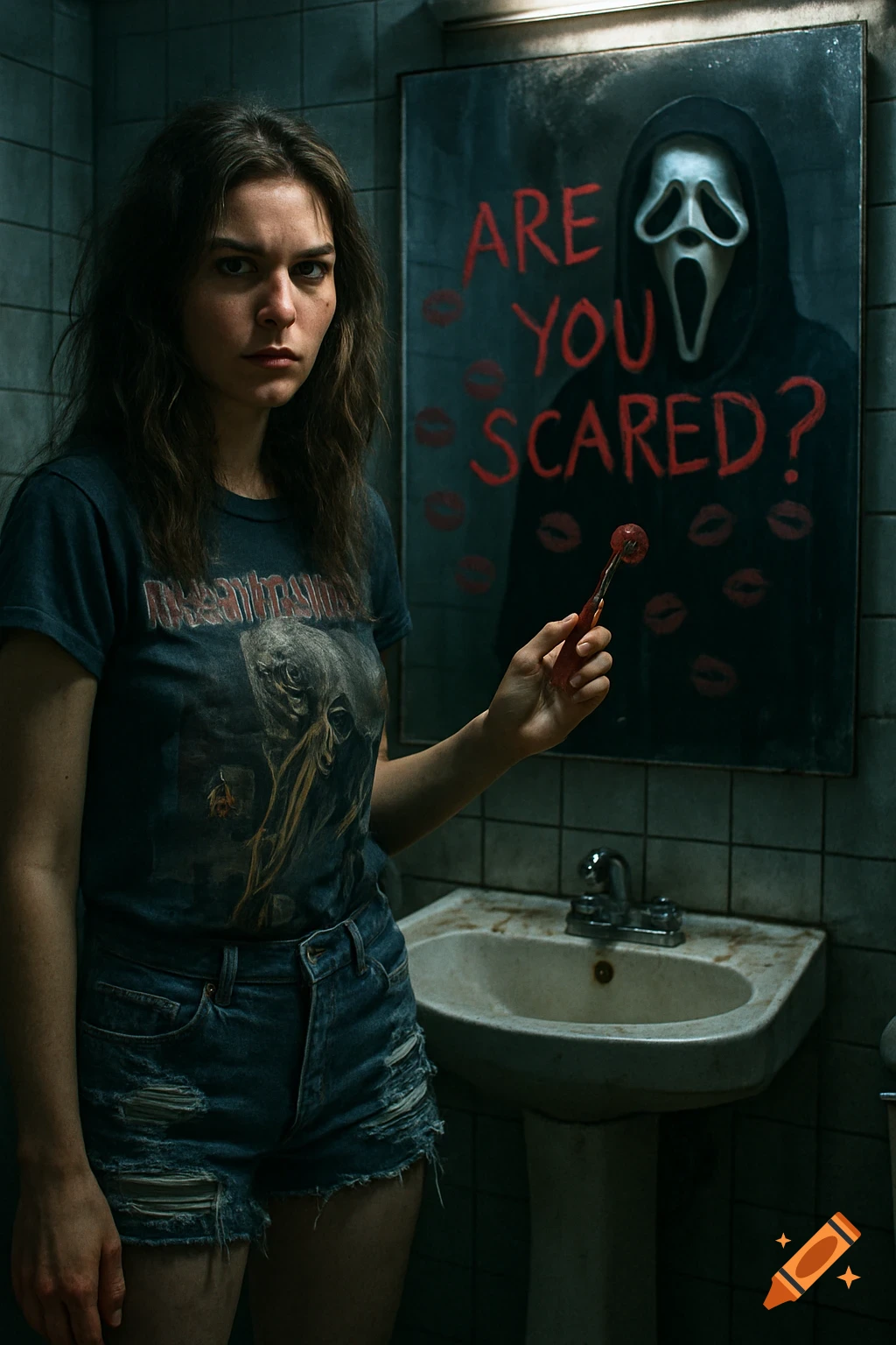 A young woman in a dark, dirty bathroom holding lipstick, facing a mirror that reflects Ghostface and the text 'ARE YOU SCARED?'