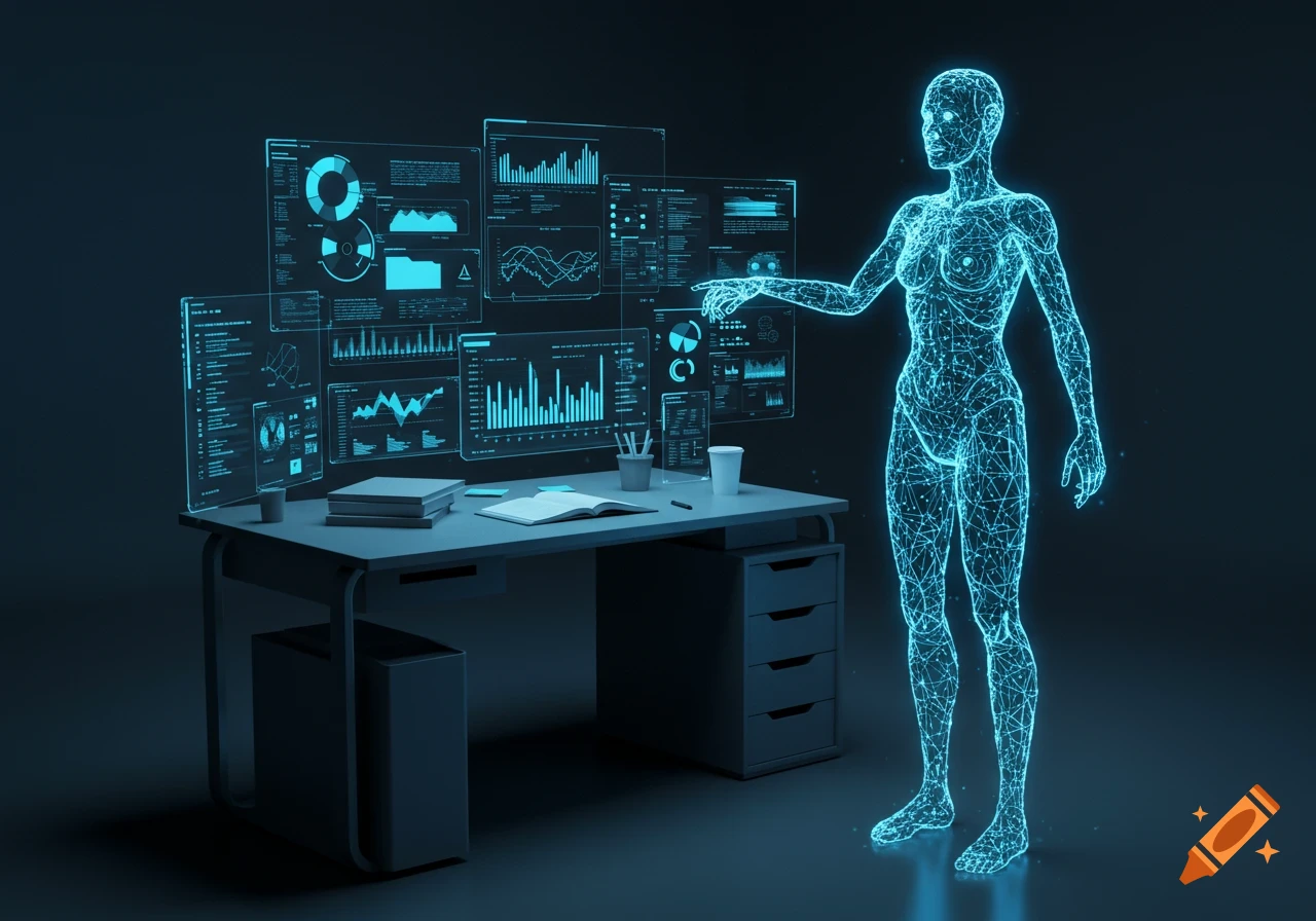 Holographic AI assistant near a futuristic desk with floating digital screens, in a modern, blue-lit room.