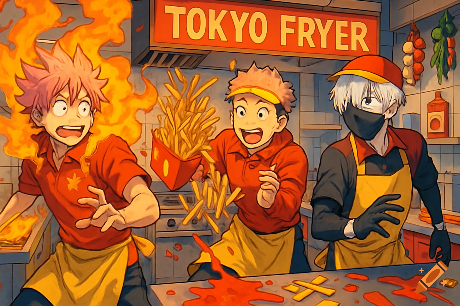 Anime characters Natsu, Yuji, and Kaneki in a chaotic 'Tokyo Fryer' kitchen, surrounded by fire and spilled fries.