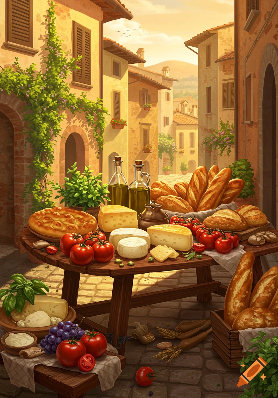 An Italian market stall laden with cheeses, breads, tomatoes, and olive oil in a charming village street, in a vibrant digital art style.