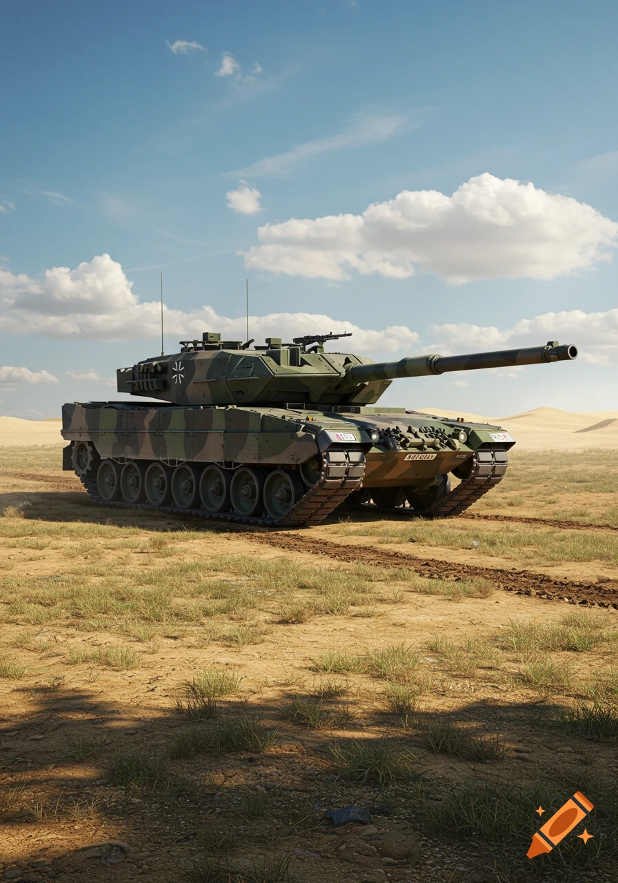 A photorealistic image of a Leopard 2 military tank with camouflage paint, parked in a sandy desert landscape under a blue sky with scattered clouds. Dirt tracks are visible in the foreground.