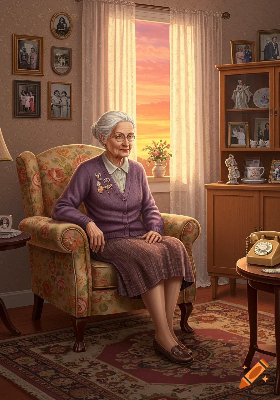 A realistic portrait of an old lady with white hair and glasses sitting in a floral armchair in a cozy living room at sunset.