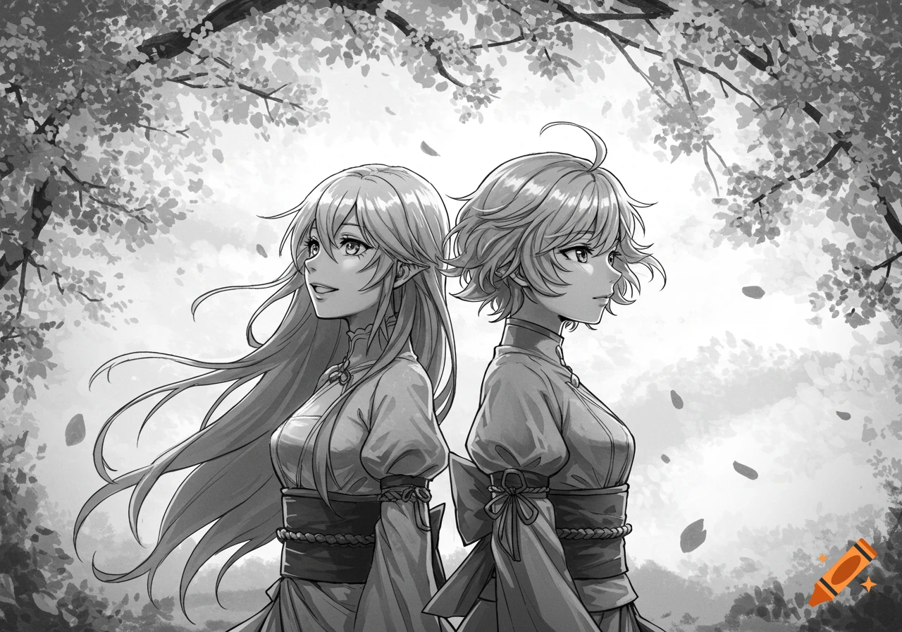 Two anime girls, one with long hair and one with short hair, stand back-to-back under a tree canopy in a black and white illustration.