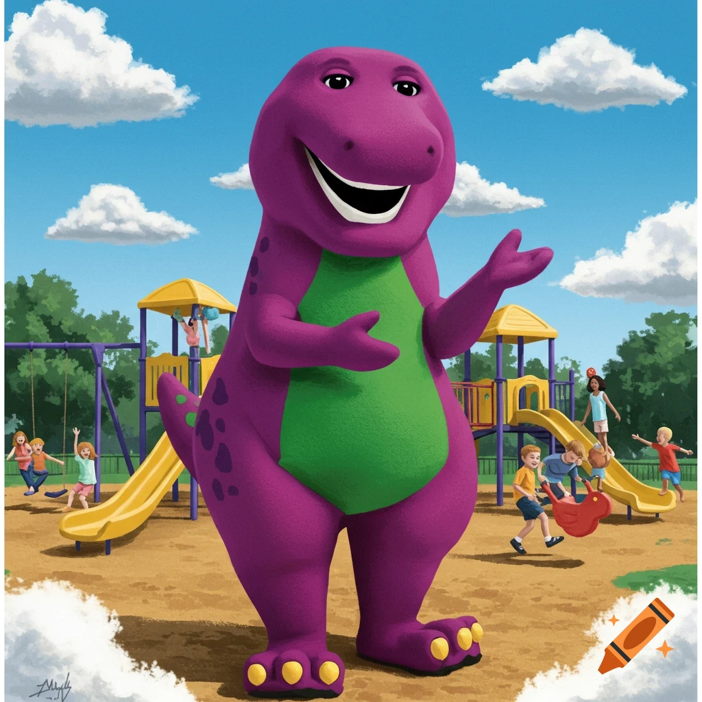 A friendly purple dinosaur, Barney, stands smiling in a sunny playground filled with children playing.