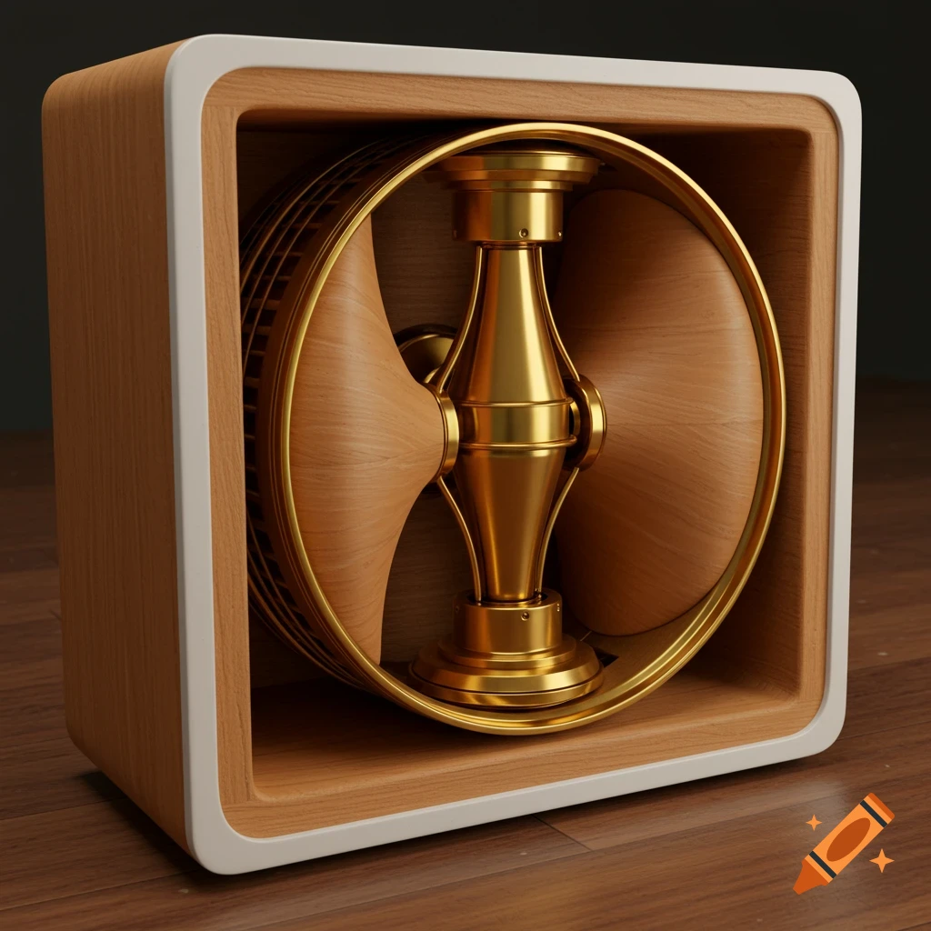A detailed, realistic mechanical amplifier with a geometric wooden and brass interior, housed in a light wood rectangular casing.