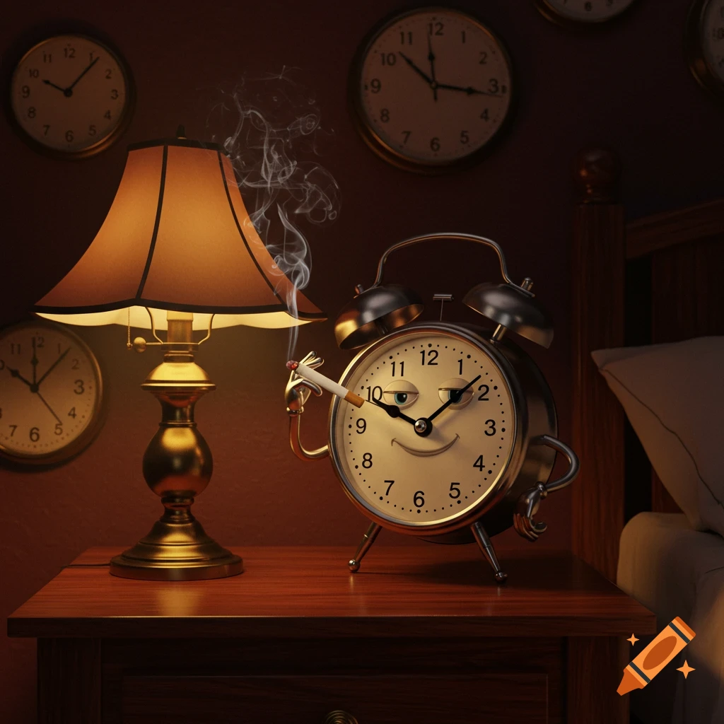 A smiling anthropomorphic alarm clock with arms smokes a cigarette on a nightstand beside a lit lamp, with clocks on the wall.