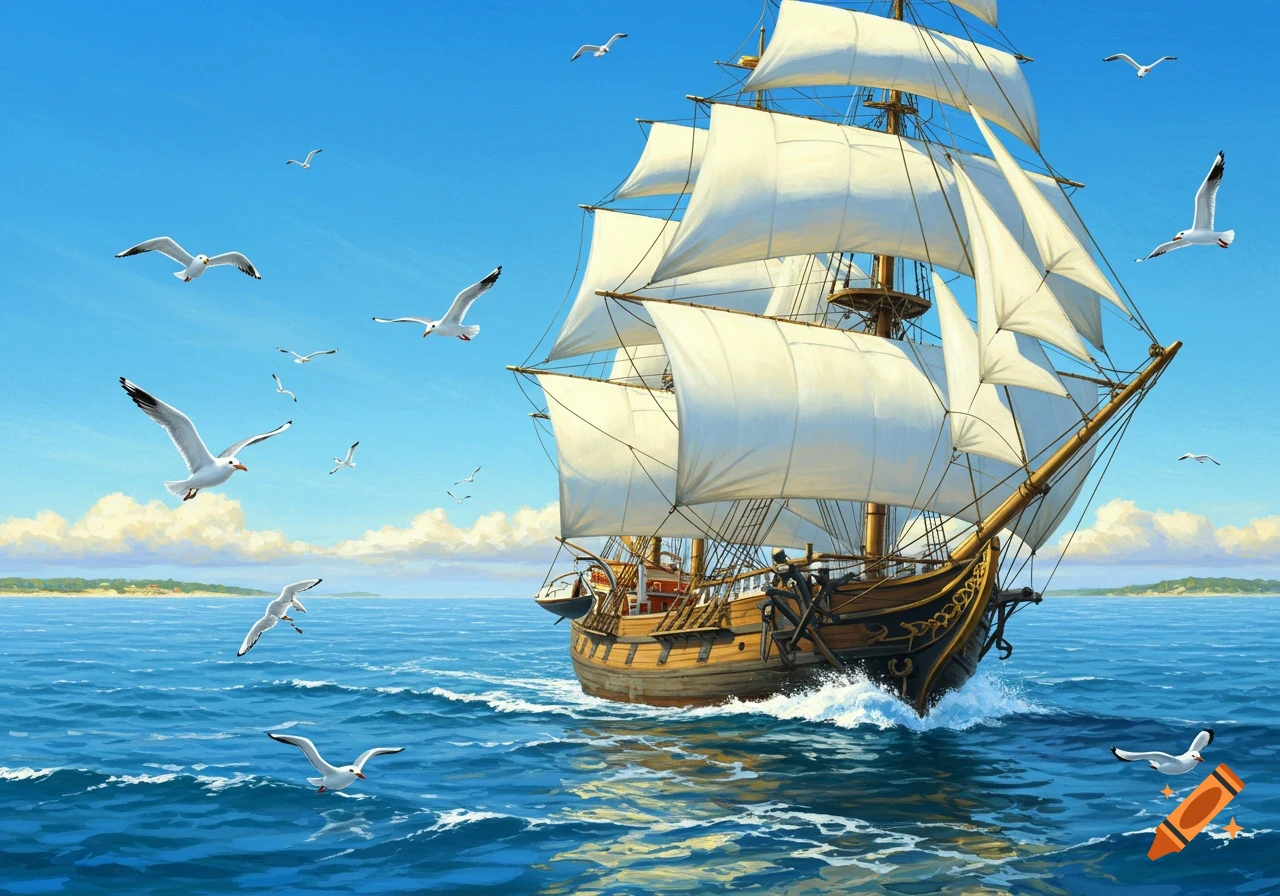 A grand tall ship with white sails on a blue ocean under a clear sky, surrounded by flying seagulls in a vibrant illustration.