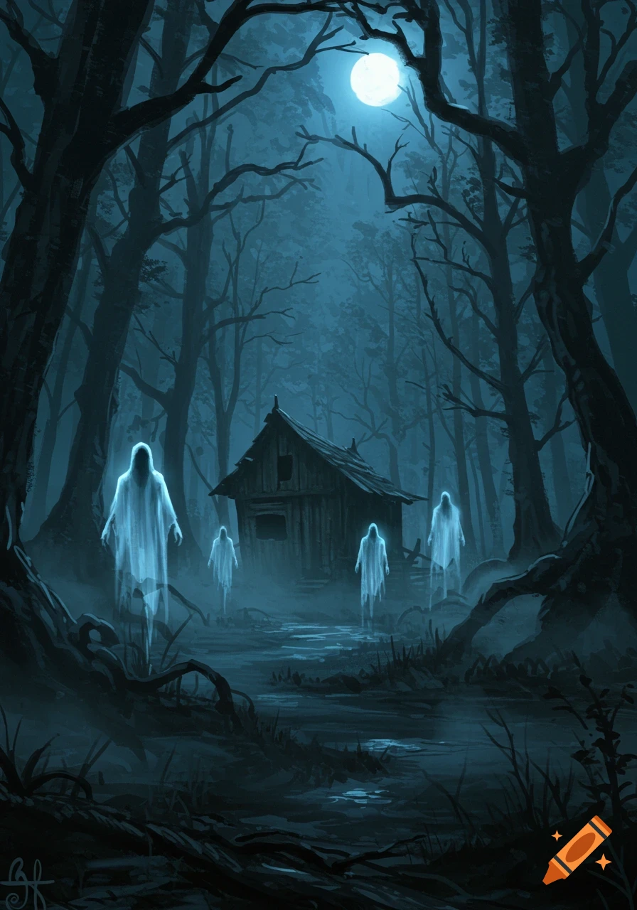 A spooky, moonlit forest scene with a wooden cabin and four glowing ghosts floating around it.