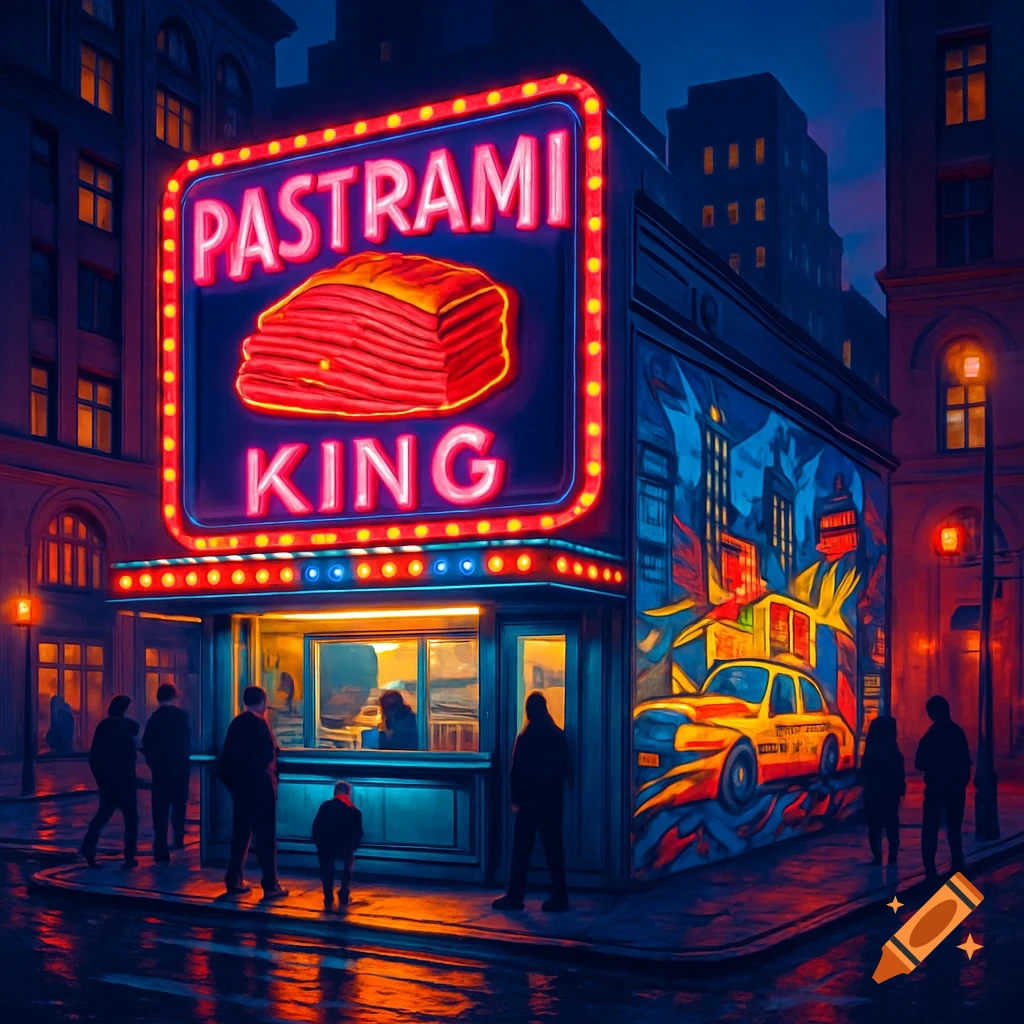 A neon-lit 'Pastrami King' food kiosk on a dark city street with a colorful New York-themed graffiti mural and silhouetted people.