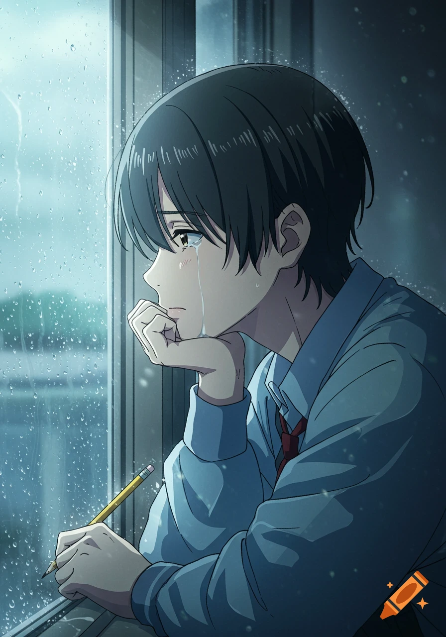 An anime-style image of a sad student looking out a rainy window, holding a pencil.