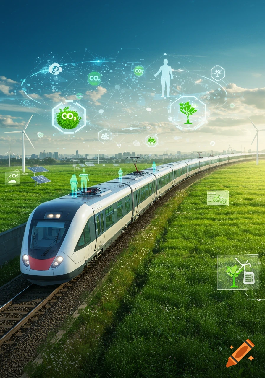 A modern train travels through a green field with wind turbines and solar panels, overlaid with digital icons for CO2 and sustainability.