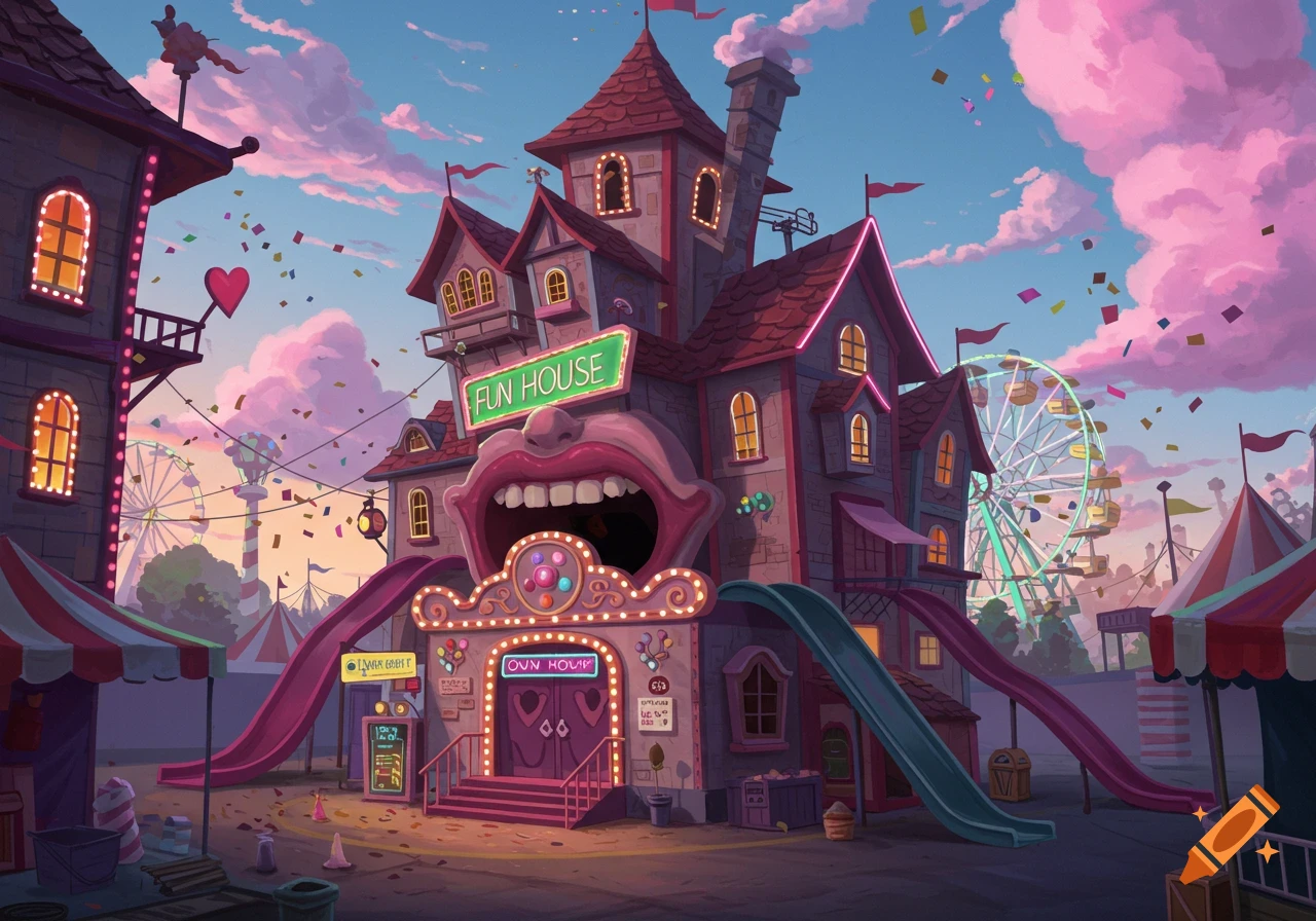 A whimsical, cartoon-style fun house with a large open mouth entrance, slides, and neon lights, surrounded by carnival tents and a Ferris wheel under a pink and blue sky with falling confetti.