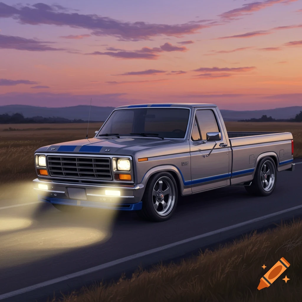 A silver 1980s Ford F-150 pickup truck with blue racing stripes drives on a rural road at sunset.
