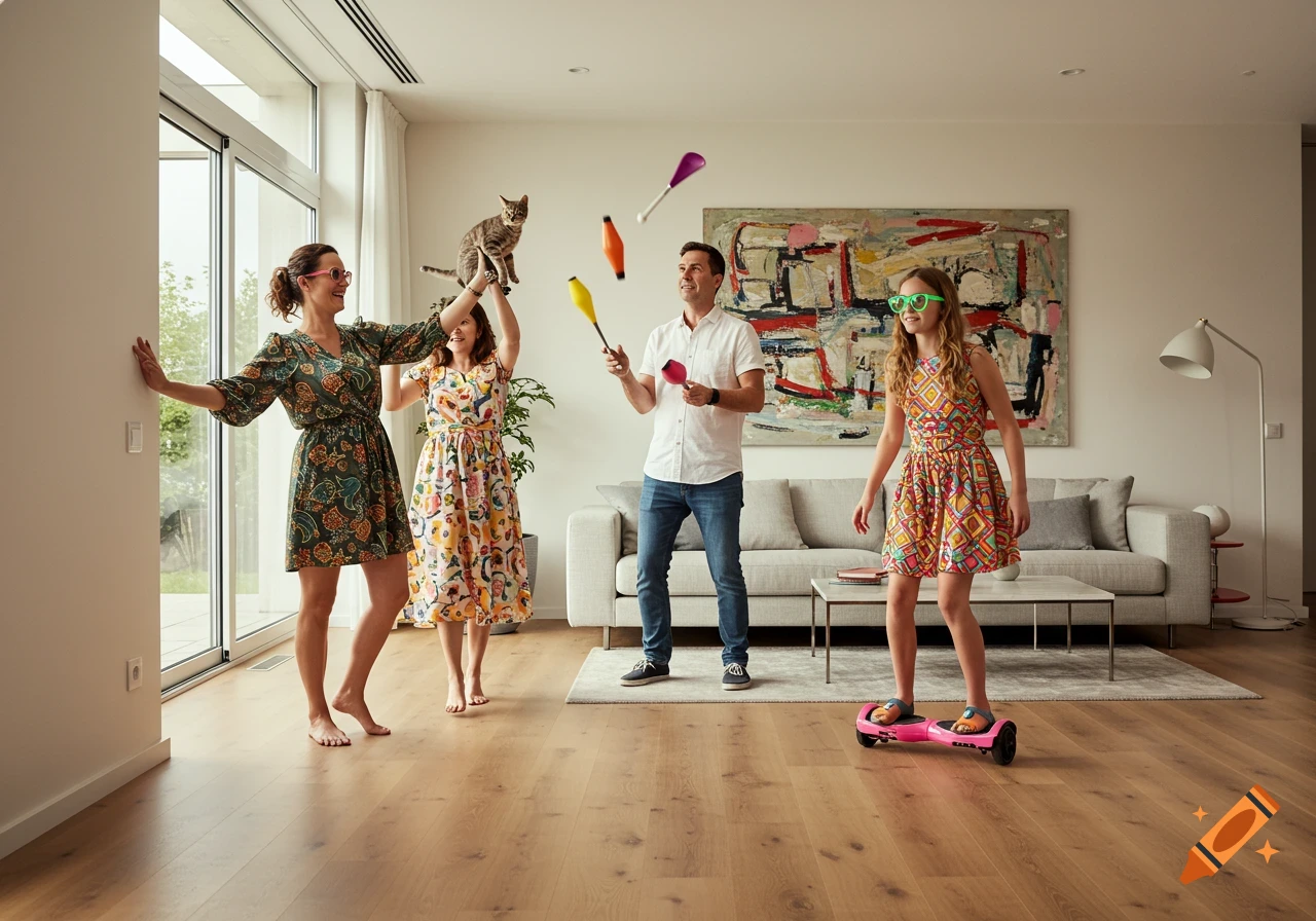 A family in a modern living room: two women, a man juggling, and a girl on a hoverboard, with a cat held up.