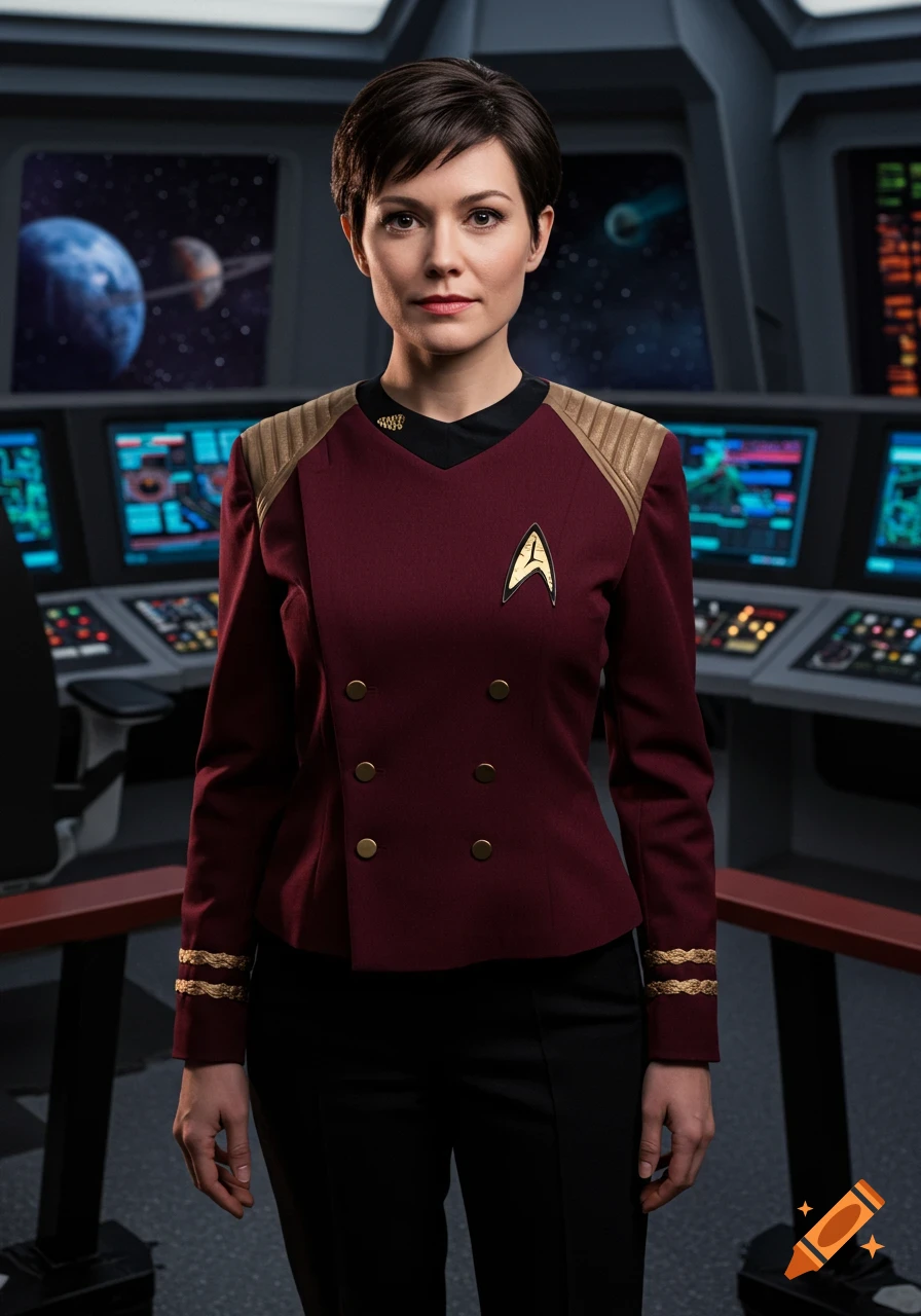 A woman in a maroon Starfleet uniform with gold accents stands on a spaceship bridge.