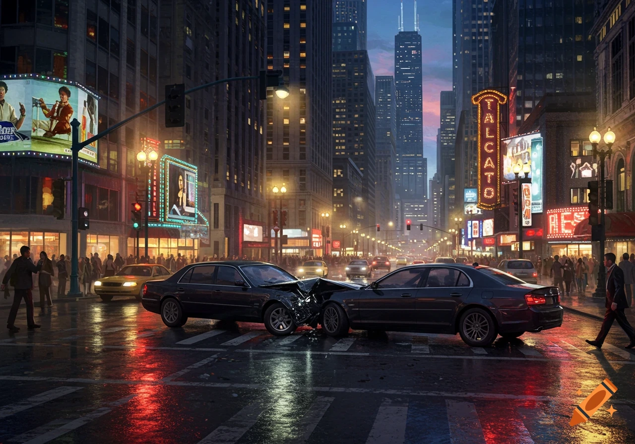A photorealistic image of two black cars crashed on a wet city street at dusk, surrounded by illuminated skyscrapers and neon signs.