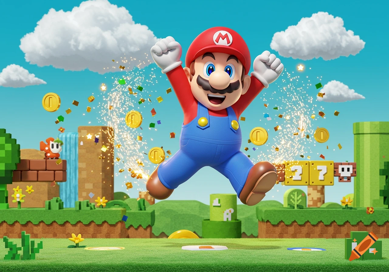 Mario jumps triumphantly with fists raised, surrounded by coins and confetti in a vibrant 3D video game world.