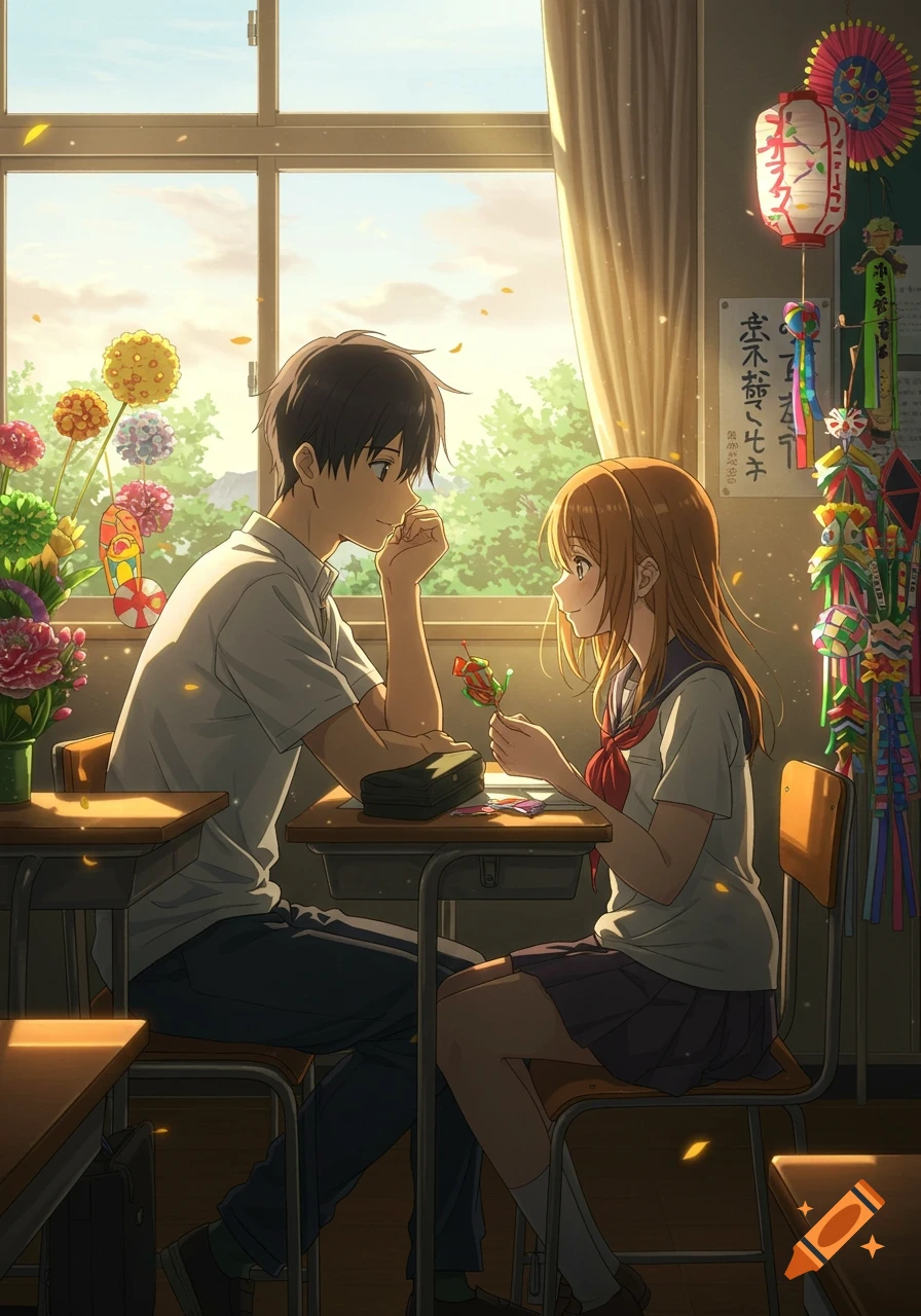 An anime scene of a boy and a girl in school uniforms sitting at desks in a sunlit classroom filled with colorful Japanese festival decorations.