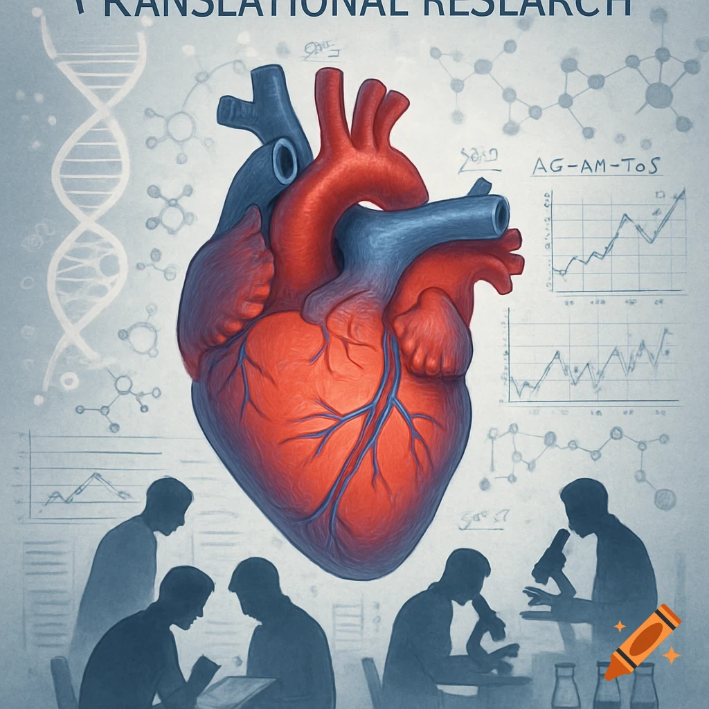 Stylized illustration of a human heart surrounded by DNA, molecular structures, graphs, and silhouetted scientists researching.