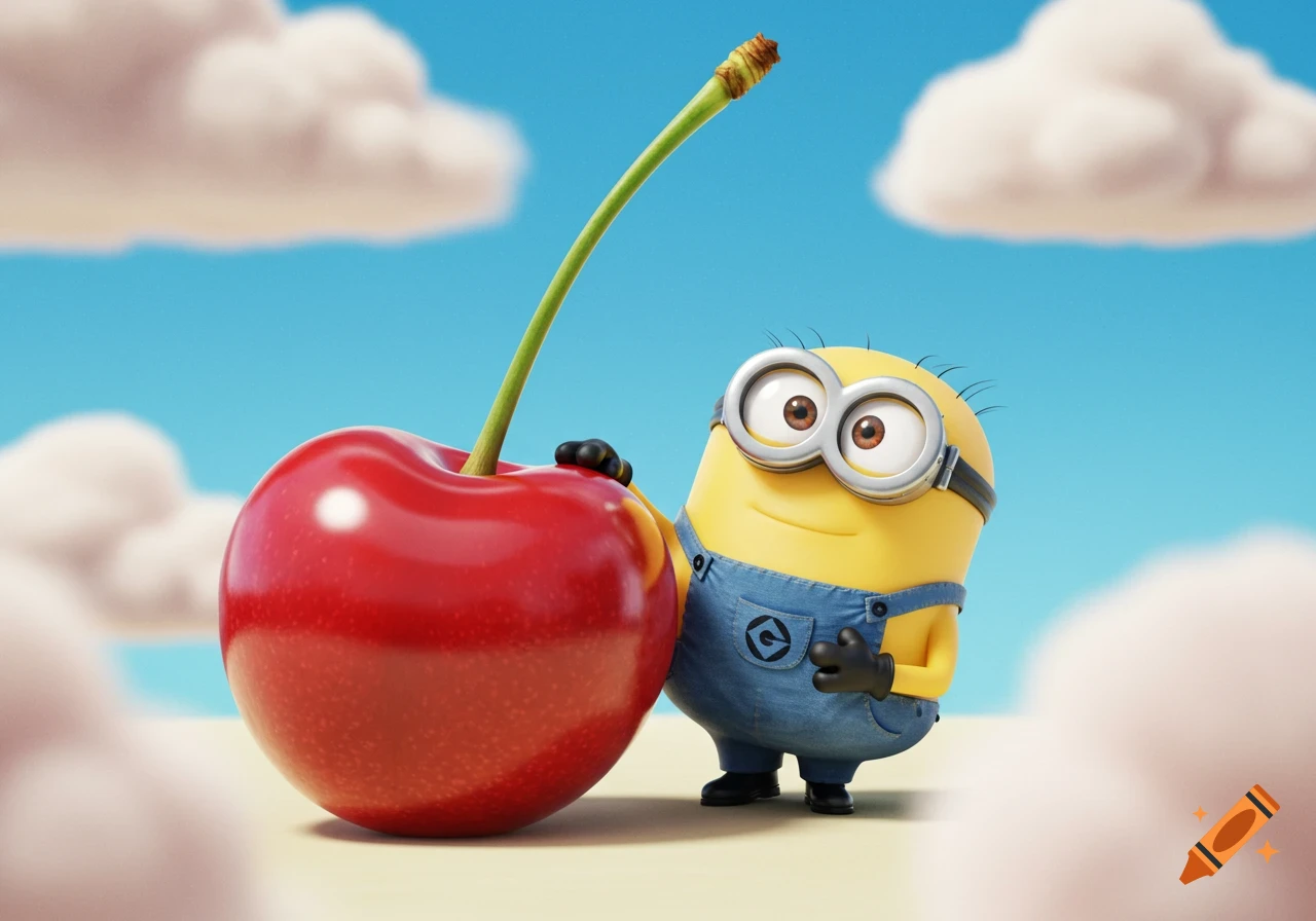 A happy yellow Minion in denim overalls stands next to a giant red cherry under a blue sky with fluffy white clouds.
