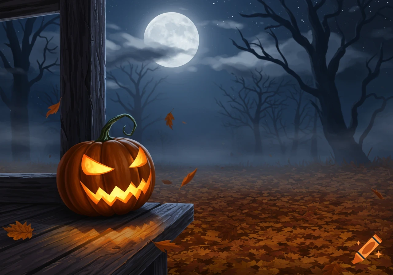 A glowing jack-o'-lantern sits on a wooden porch step surrounded by autumn leaves under a full moon at night.