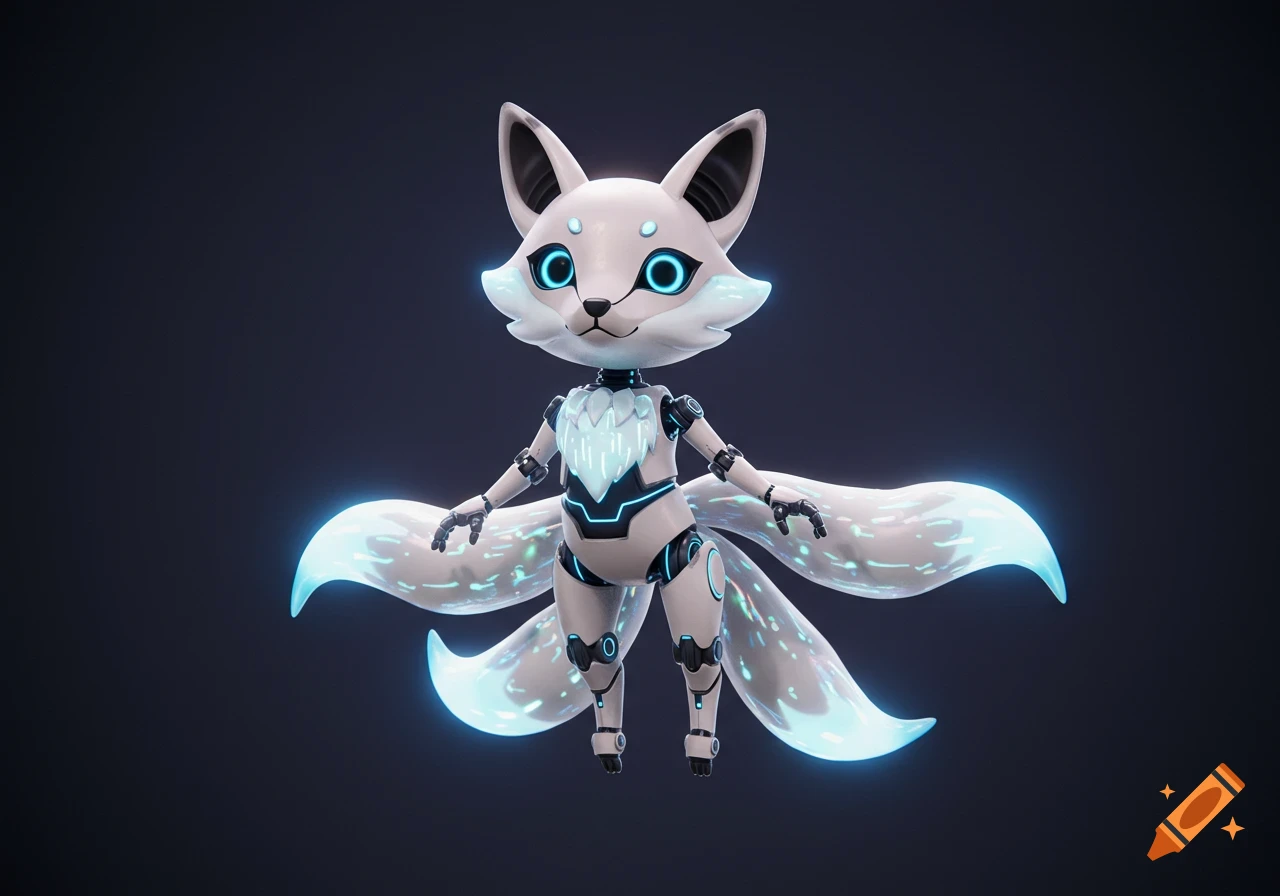 A stylized white robot fox with glowing blue eyes and six glowing tails floats against a dark background.