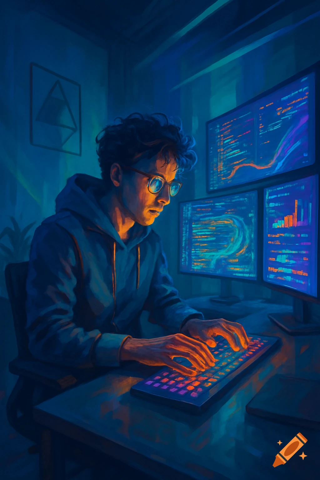 A male developer with glasses types on a glowing keyboard in a dark room, surrounded by monitors displaying vibrant code and data in a painterly style.