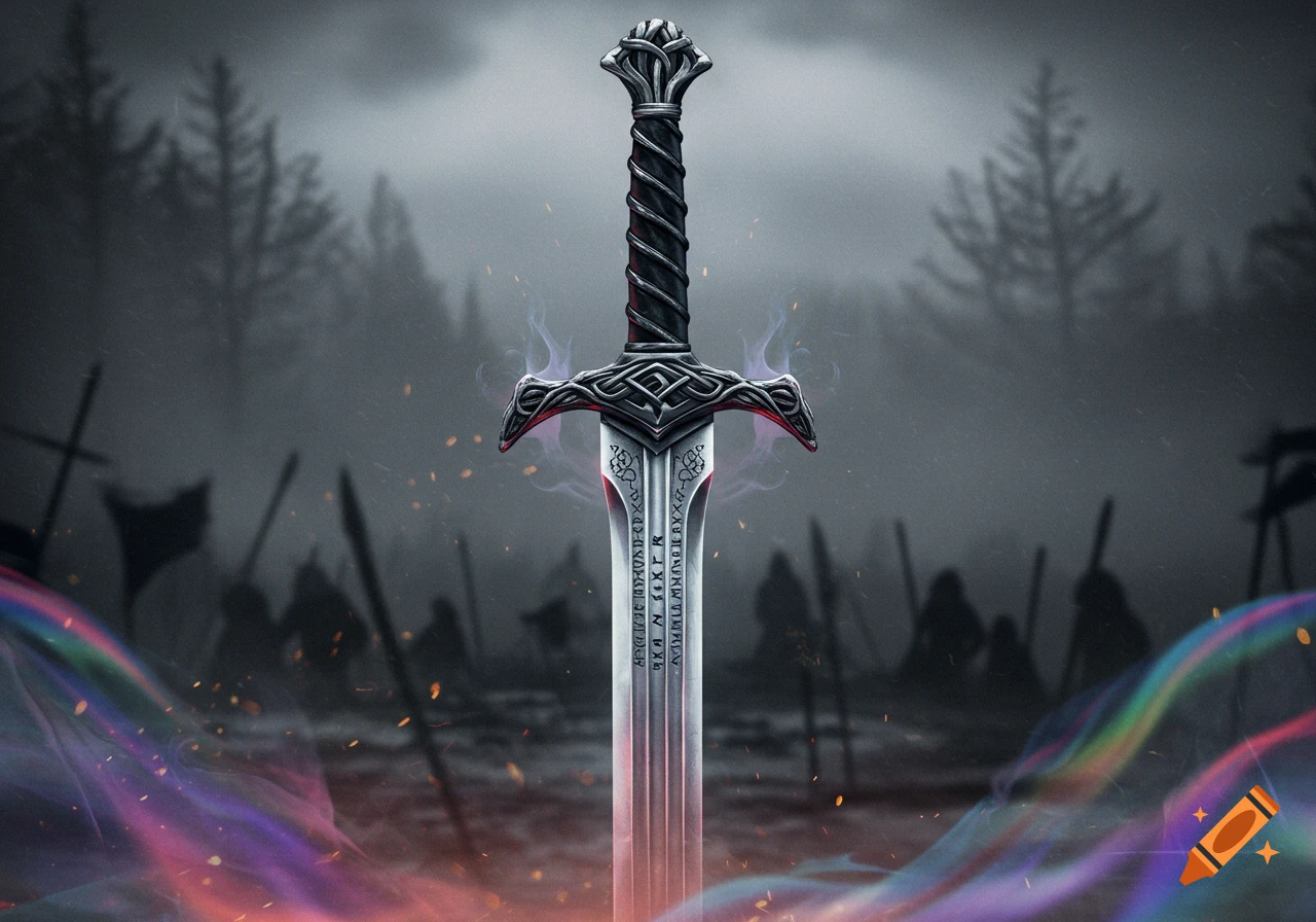 A detailed fantasy sword with an ornate hilt and runic blade, emanating ...