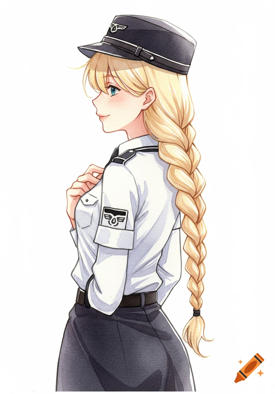 Anime-style watercolor illustration of a blonde woman in a German customs uniform, with a long braided pigtail, standing in profile on a white background.