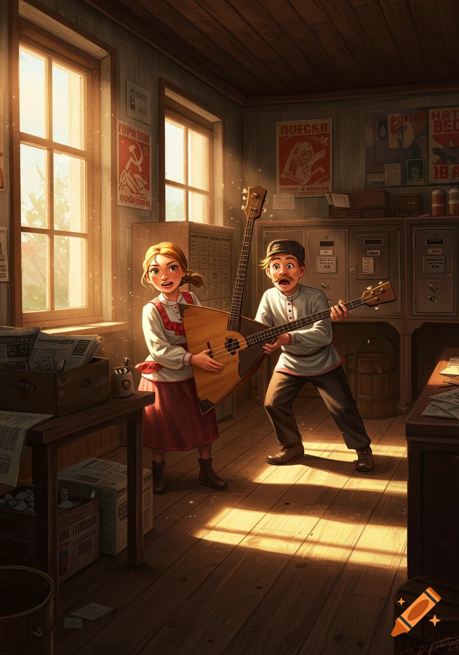 Cartoon boy and girl playing balalaikas in a sunlit room filled with cabinets and propaganda posters.