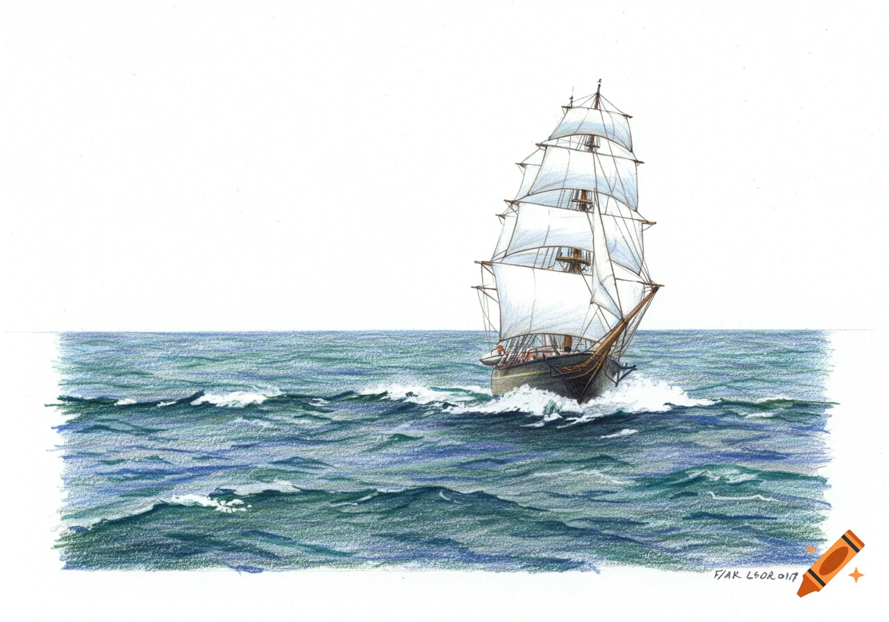 A colored pencil drawing of a sailing ship with white sails on a rough blue-green sea, depicted with a white background.