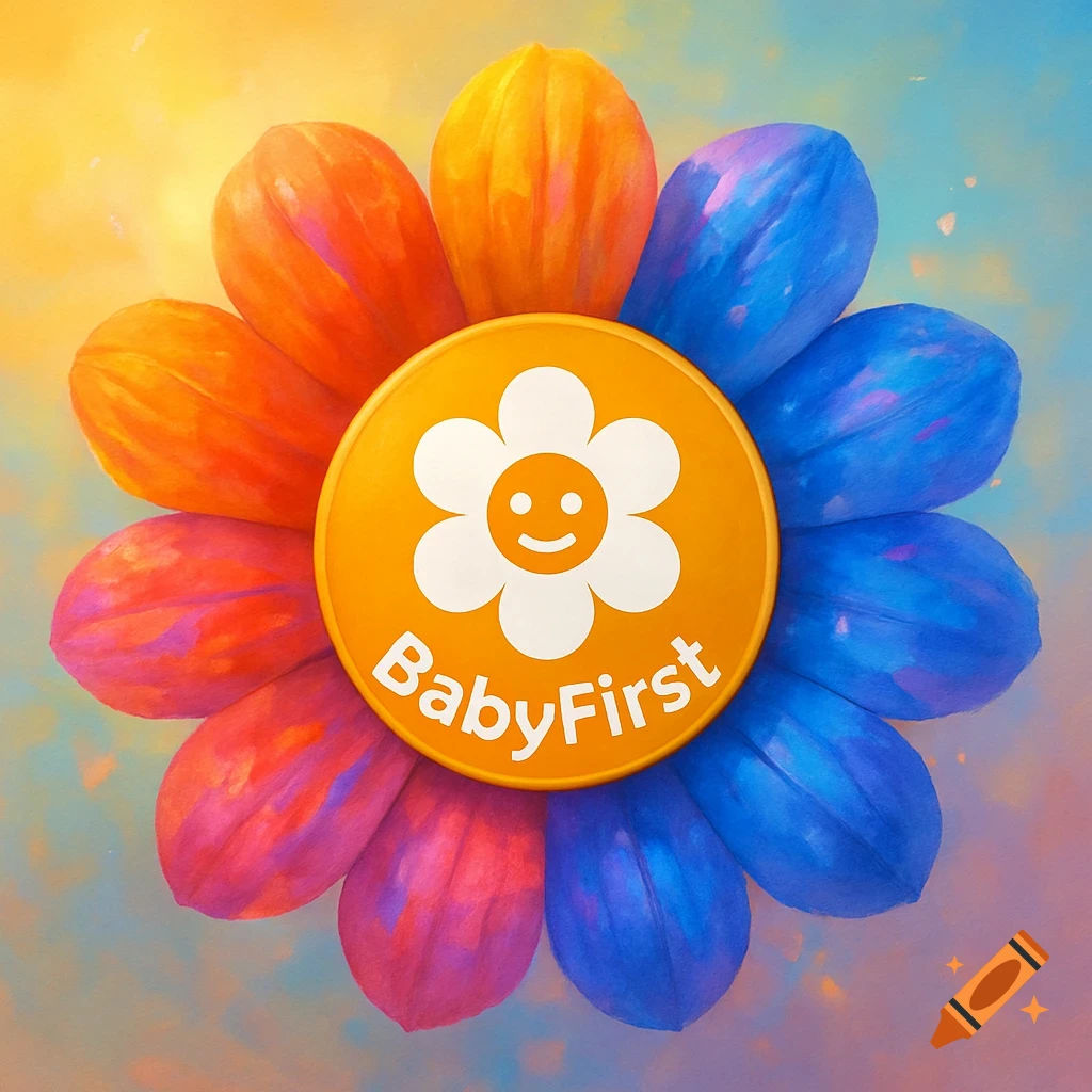 A vibrant flower logo with orange, pink, and blue petals, centered with an orange circle showing a white smiley flower and 'BabyFirst'.