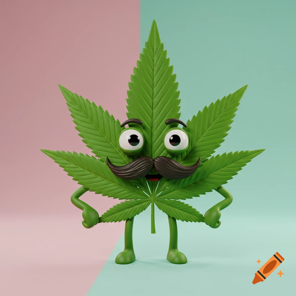 A cartoon cannabis leaf character with a mustache, arms, and legs stands with hands on hips against a pink and teal background.