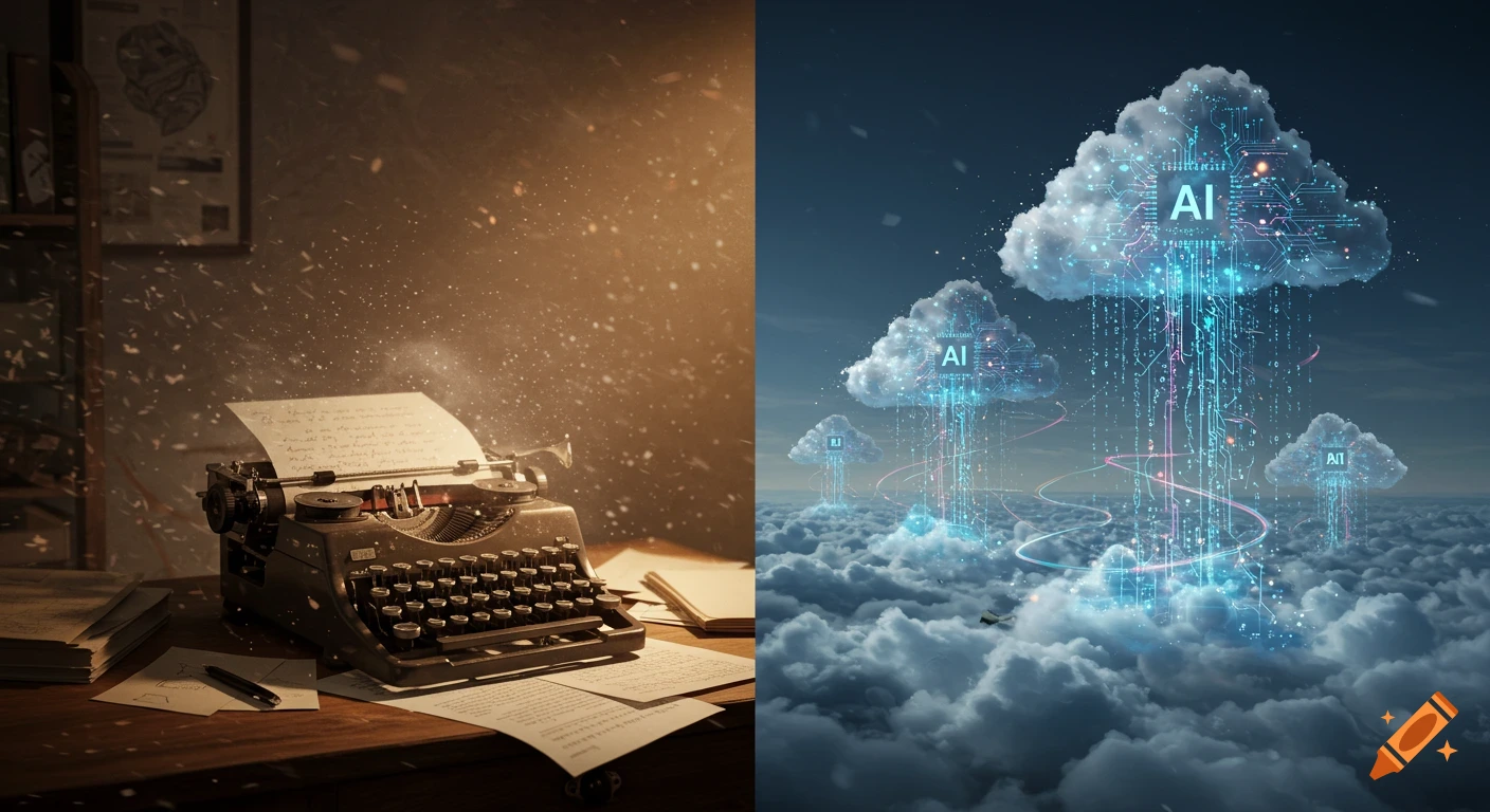 Split image showing a vintage typewriter on a desk with papers on the left, and glowing AI cloud computing on the right.