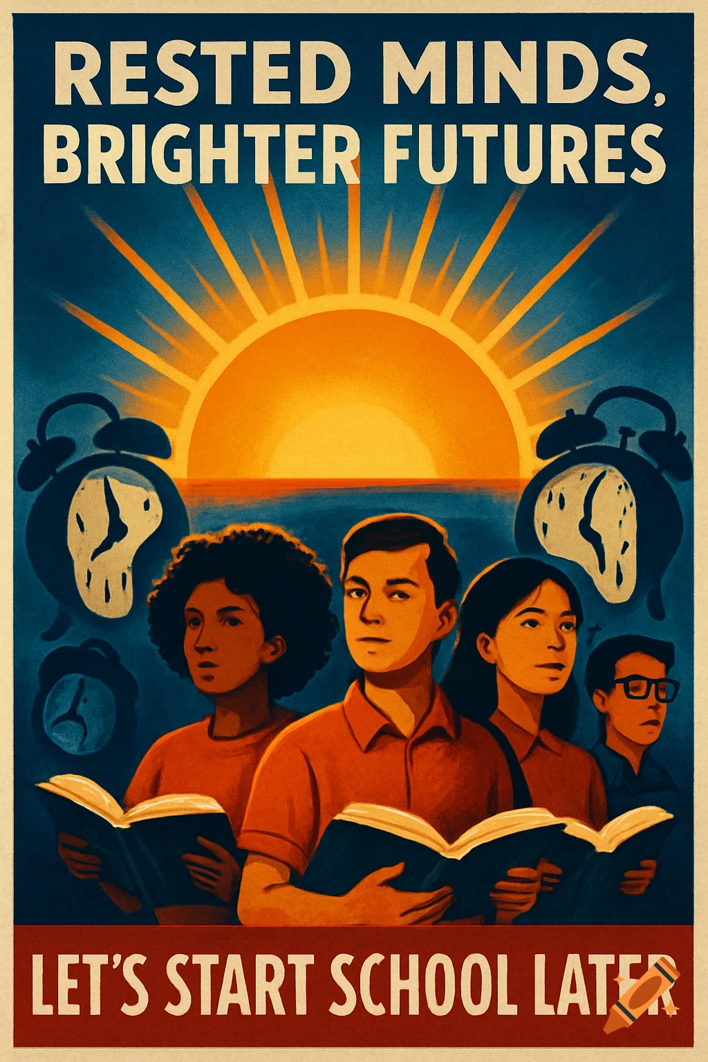 Propaganda poster for starting school later, with students reading under a rising sun and melting clocks, text: 'Rested Minds, Brighter Futures—Let’s Start School Later'.