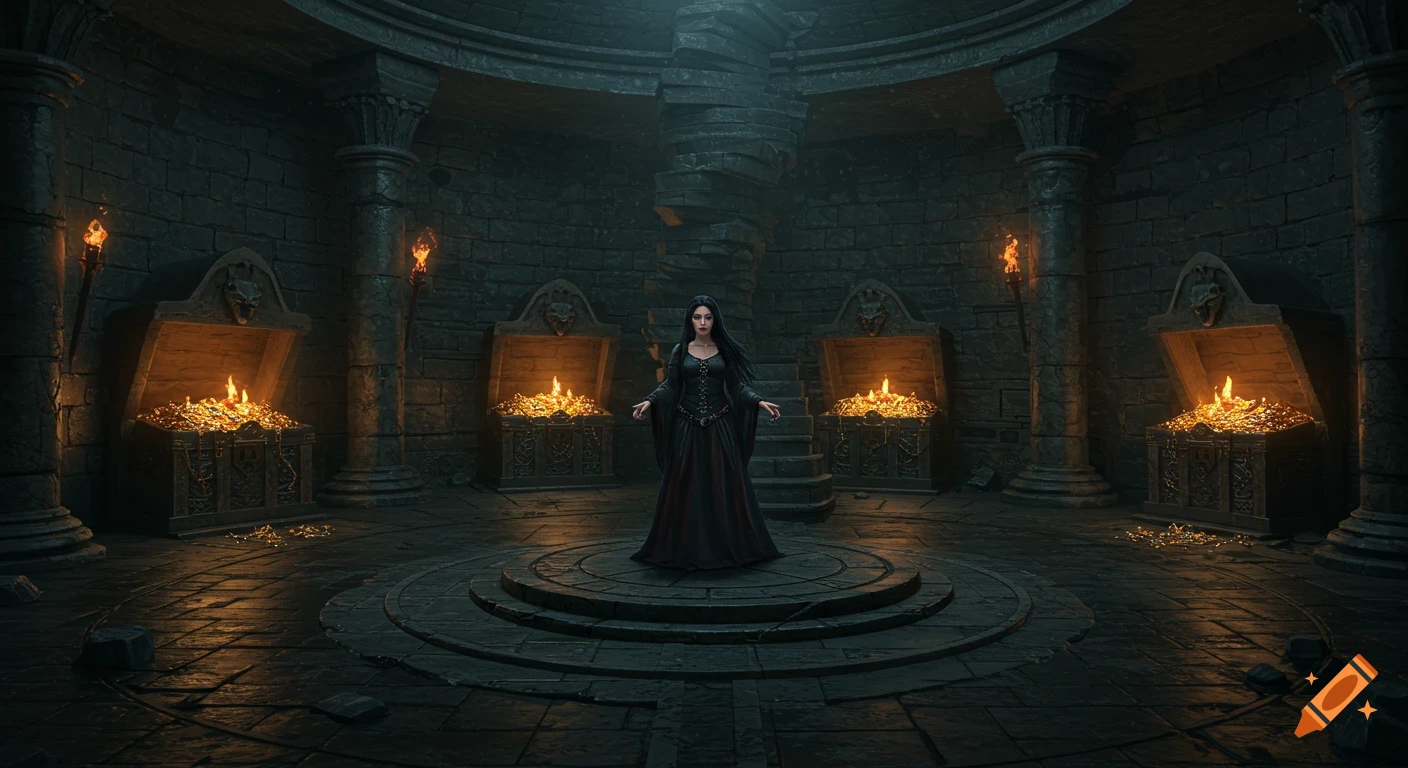 A woman in a dark medieval dress stands on a pedestal in a gloomy stone room, surrounded by four open treasure chests of gold.
