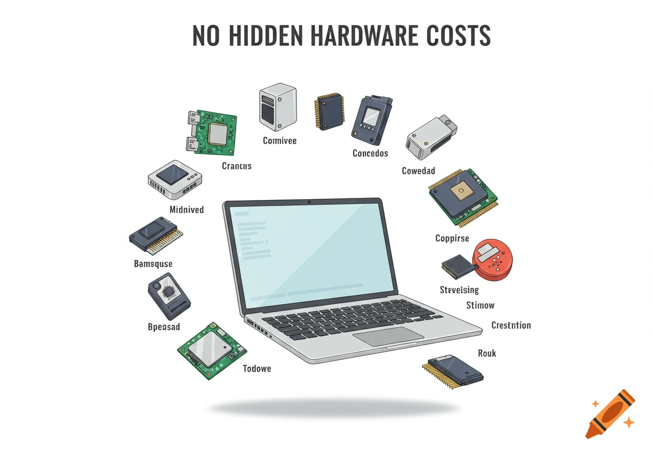 A clipart illustration of a laptop surrounded by various computer hardware components. Text at the top reads "NO HIDDEN HARDWARE COSTS".