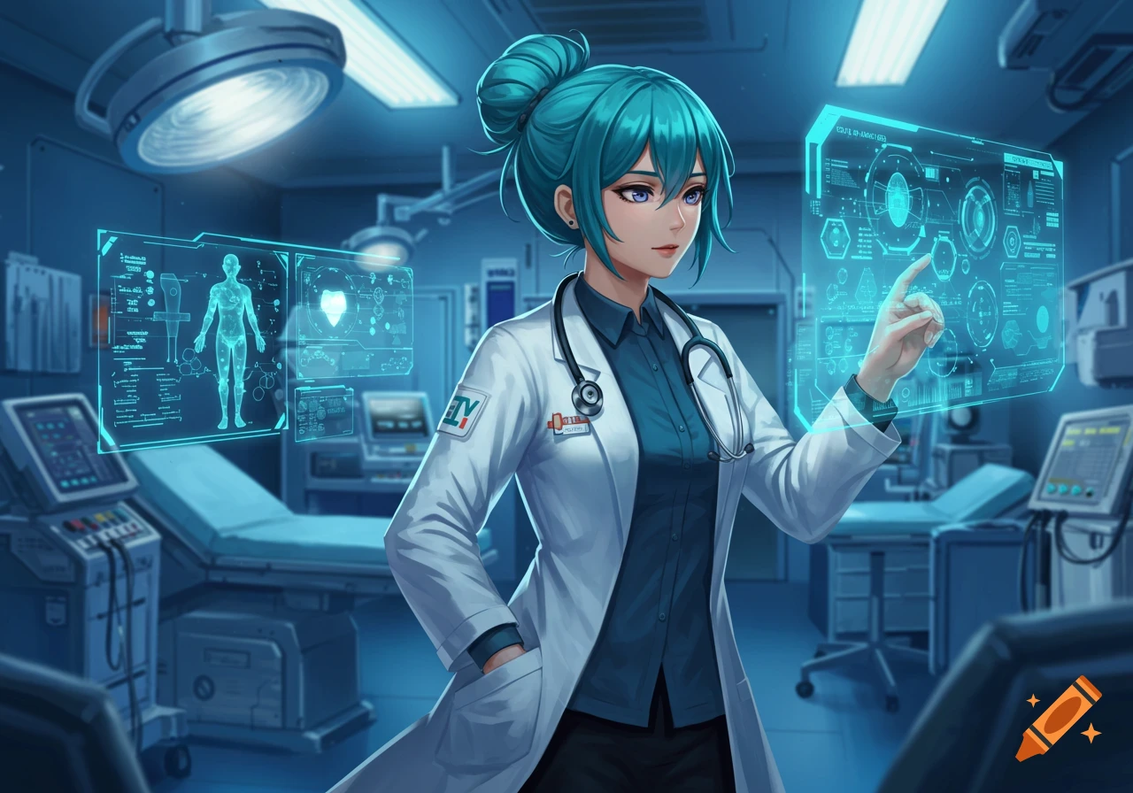 An anime doctor with teal hair in a lab coat, holding a stethoscope, interacts with holographic medical screens in a futuristic operating room.