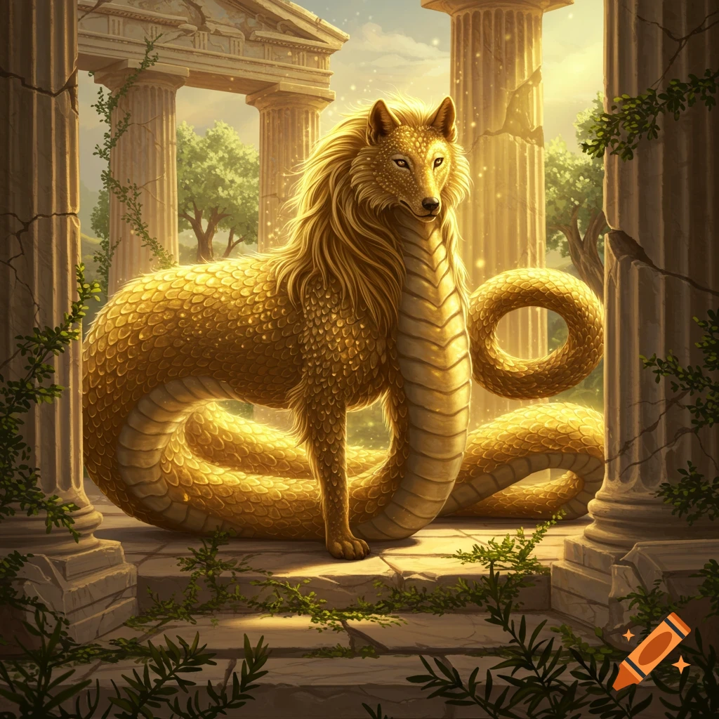 A majestic golden half-snake, half-dog creature with a flowing mane stands amidst ancient Greek ruins, bathed in golden light.
