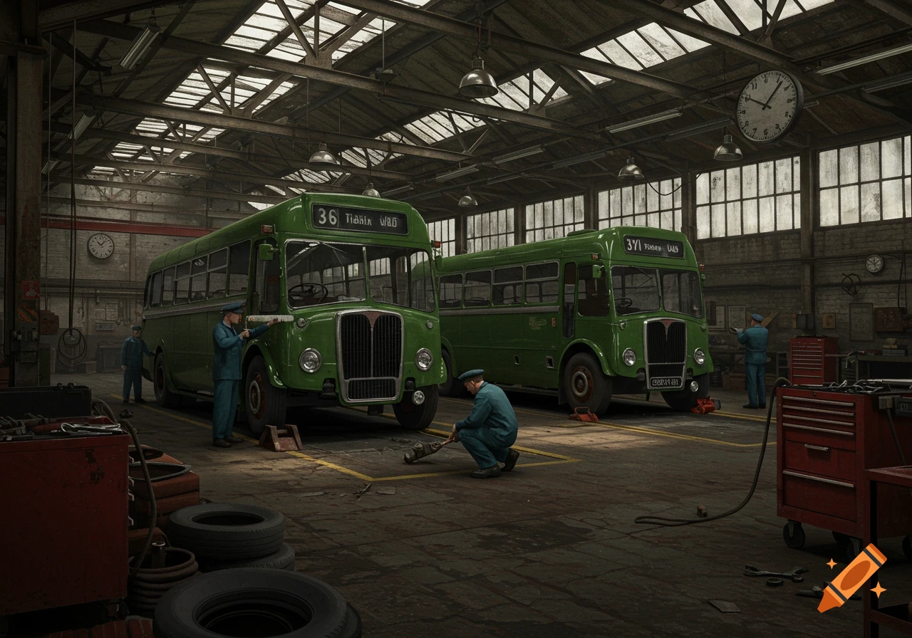 Photorealistic image of two green vintage buses being serviced by workers in a dimly lit, industrial bus hangar.